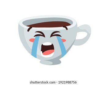 Cartoon Character Coffee Crying Cup. Hand drawn Vector Pattern Emoticon. Actual Artistic Design Emoji Cafe