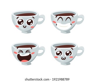 Cartoon Character Coffee Cup. Hand drawn Vector Pattern Emoticon. Actual Artistic Design Emoji Cafe