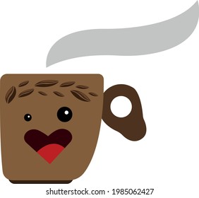cartoon character coffee cup with open mouth heart shaped emotion surprise and coffee beans pattern