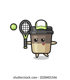 Cartoon character of coffee cup as a tennis player , cute style design for t shirt, sticker, logo element