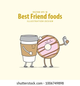 Cartoon character of Coffee, Donut illustration vector on pale yellow background. Best friend foods concept.