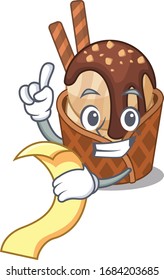 cartoon character of coffee ice cream holding menu ready to serve