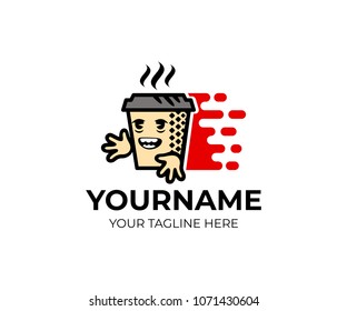 Cartoon character coffee, tea in a paper cup and fast delivery, logo template. Coffee shop, cafeteria and delivery coffee, tea on home, vector design. Food and hot drinks, illustration