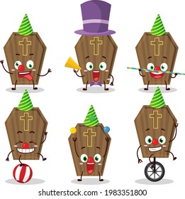 Cartoon character of coffin with various circus shows