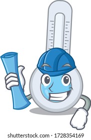 Caricatura del arquitecto de cerebro frío termómetro con huellas azules y casco azul
