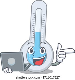 Cartoon character of cold thermometer clever student studying with a laptop