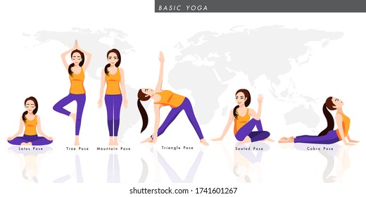 Cartoon character with a collection of basic yoga.  Female practicing six pose yoga, healthy lifestyle in flat icon design vector illustration
