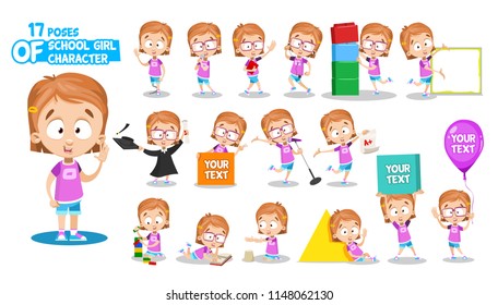 Cartoon character collection set. Cute school girl wearing pink t-shirt and blue shorts. Various poses and emotions: walking, presenting, sitting, playing with toys, holding blanks for your text