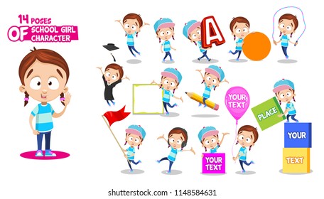 Cartoon Character Collection Set. Cute School Girl Wearing Blue Outfit. Various Poses And Emotions: Walking, Presenting, Jumping, Learning, Training, Playing With Toys, Holding Blanks For Your Text