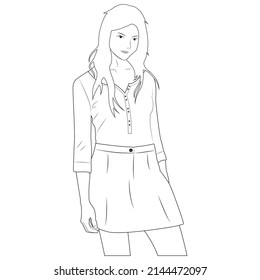Cartoon character for coloring book. Beautiful woman standing and posing wearing casual clothes