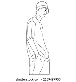 Caricatura para el libro de colorear. Un hombre con sombrero y ropa informal. Ilustración del vector