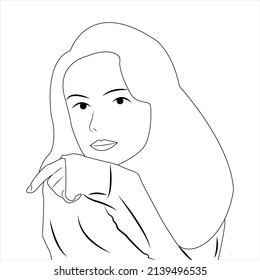 Cartoon character for coloring book. Portrait of beautiful woman character in flat cartoon style. Vector illustration