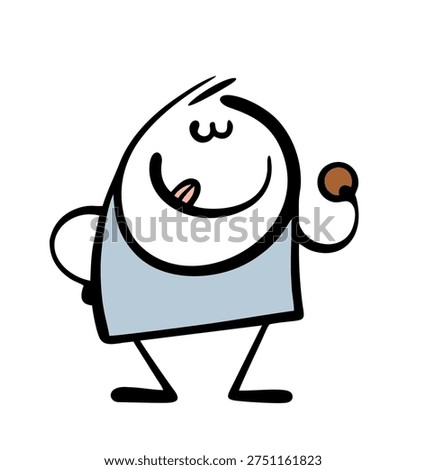 Cartoon character from a comic book holds a cookie and licks his lips in anticipation. Doodle vector illustration of a man eating an Oreo for dessert. A delicious breakfast.