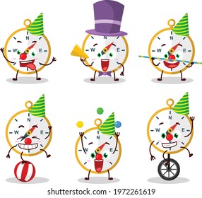 Cartoon character of compass with various circus shows