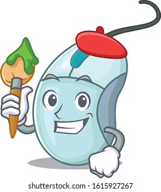 Cartoon character of computer mouse Artist with a brush