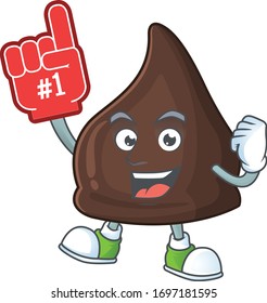 Cartoon character concept of chocolate conitos holding red foam finger