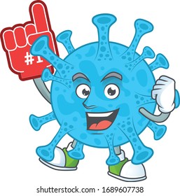 Cartoon character concept of chocolate cream pancake holding red foam finger