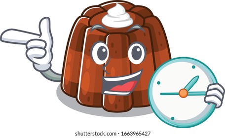concepto de personaje de caricatura pudín de chocolate con reloj