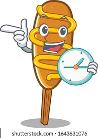 cartoon character concept corn dog having clock