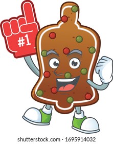 Cartoon character concept of gingerbread bell holding red foam finger