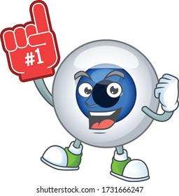 Cartoon character concept of human eye ball holding red foam finger