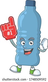 Cartoon character concept of mineral bottle holding red foam finger