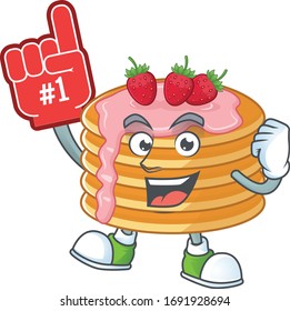 Cartoon character concept of strawberry cream pancake holding red foam finger