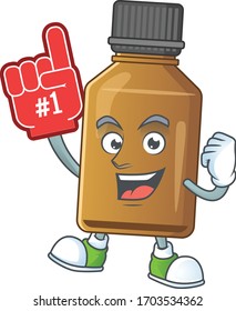 Cartoon-Charakterkonzept einer Sirup-Heilflasche mit rotem Schaumfinger