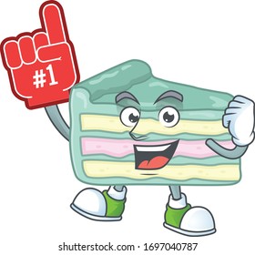 Cartoon character concept of vanilla slice cake holding red foam finger