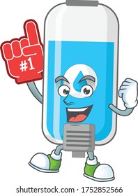 Cartoon character concept of wall hand sanitizer holding red foam finger