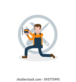 Cartoon character in construction, civil engineer, mechanic related 