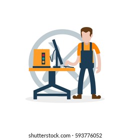 Cartoon character in construction, civil engineer, mechanic related 