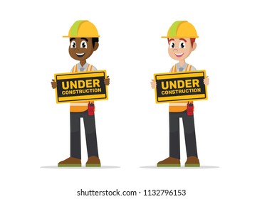 Cartoon character, Construction man holding site under construction banner.,vector eps10