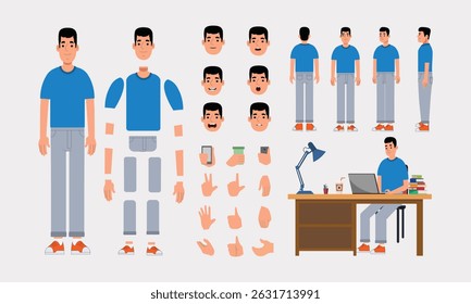 Cartoon Character Constructor – Casual Man in Front, Side, Back View for Animation | Vector Set
