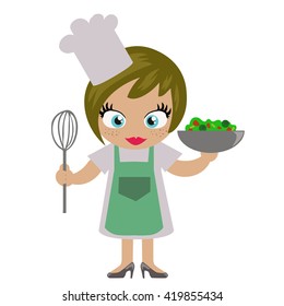 Cartoon character. Cook with a bowl full of salad