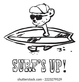 Caricatura del oso fresco en gafas sobre tablas de surf blancas y negras en la playa, vector aislado ilustración negro y blanco