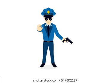 Cartoon character cop with a gun. Vector illustration of a policeman. Police officer on a white background