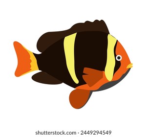 Cartoon character coral fish. Tropical Fish. Clark anemonefish. Tropical underwater aquatic creature. Vector illustration isolated on white background