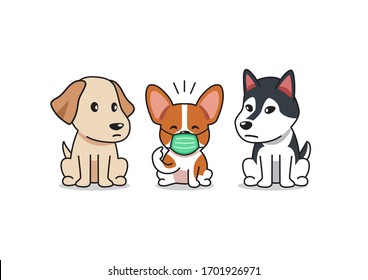 Caricatura de perro corgi con mascarilla protectora con otros perros para el diseño.