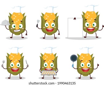 Cartoon character of corn with various chef emoticons. Vector illustration