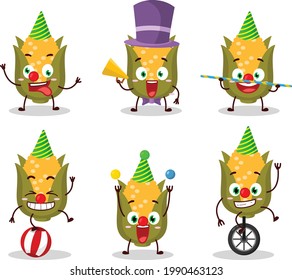 Cartoon character of corn with various circus shows. Vector illustration