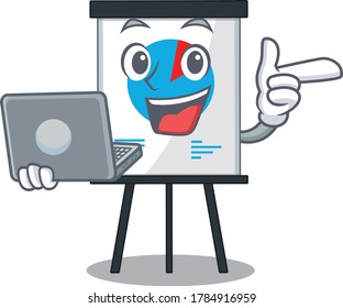 Cartoon character of corona graph clever student studying with a laptop