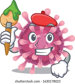 Cartoon character of corona virus Artist with a brush