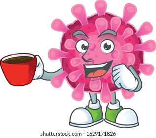 cartoon character of corona virus with a cup of coffee