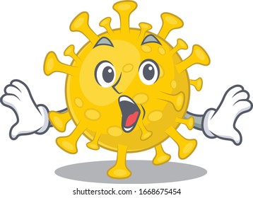 A cartoon character of corona virus diagnosis making a surprised gesture