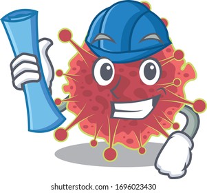 Cartoon character of coronaviridae brainy Architect with blue prints and blue helmet