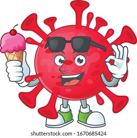 cartoon character of coronavirus amoeba enjoying an ice cream