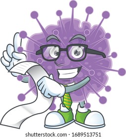 cartoon character of coronavirus influenza holding menu on his hand