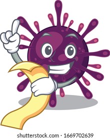 cartoon character of coronavirus kidney failure holding menu ready to serve