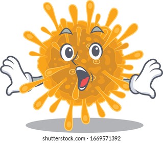 A cartoon character of coronavirus making a surprised gesture